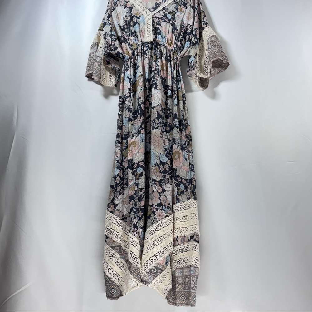 Chloe Laetitia Paris Neutral Floral Bohemian Cotton Lace Maxi Dress Medium Small